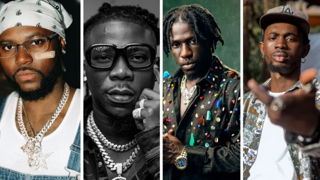 photo collage of Promise, Paluta, Stonebwoy, Black Sherif