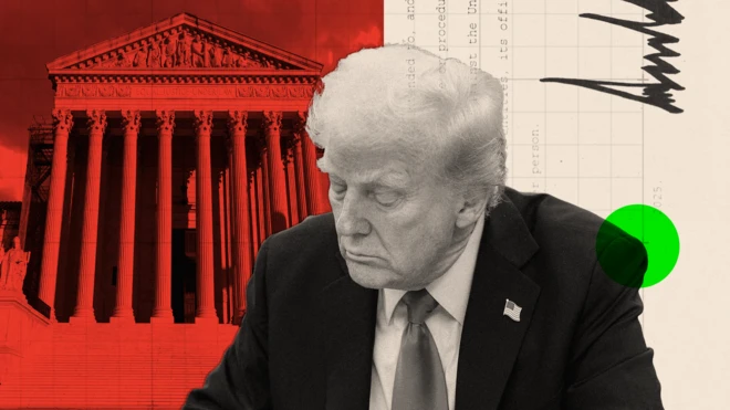 Image modifiée de Donald Trump signant un décret, avec une photo de la Cour suprême.