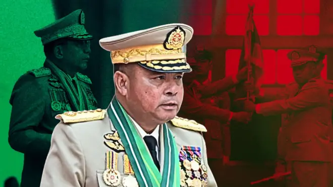 ဗိုလ်ချုပ်မှူးကြီးမင်းအောင်လှိုင်နဲ့ ဗိုလ်ချုပ်ကြီးရဲဝင်းဦးတို့ကို သရုပ်ဖော်ထားပုံ။