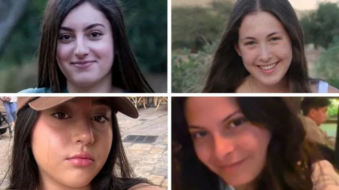Karina Ariev, Daniella Gilboa, Naama Levy, iyo Liri Albag ayaa loo dhiibay Laanqayrta Cas ee magaalada Gaza.