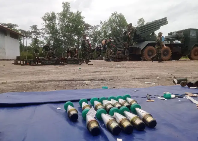 Cambodian soldiers reload the BM-21 multiple rocket launcher in Preah Vihear province on July 24, 2025. Thailand launched air strikes on Cambodian military targets on July 24 as Cambodia fired rockets and artillery, killing a civilian, in a dramatic escalation of a long-running border row between the two neighbours. (Photo by AFP) (Photo by STR/AFP via Getty Images)