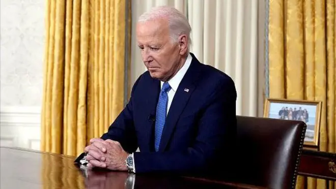 S President Joe Biden delivers a prime-time address to the nation in the Oval Office of the White House in Washington, DC, US, on Wednesday