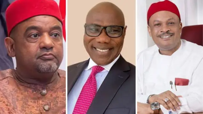 Collage of PDP acting national chairman Umar Dagmagum, Publicity secretary Debo Ologunaba and national secretary Samuel Anyanwu