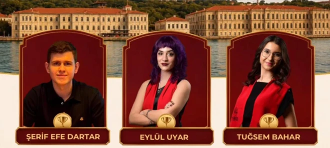 Üç tane öğrenci poz veriyor. En solda bir erkek, ortada ve en sağda iki kız öğrenci var. Sivil kıayefetler giymişler. Arkada Kabataş erkek lisesinin denize sıfır kampüsü görünüyor.