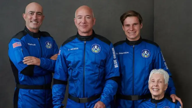From left: Mark Bezos, Jeff Bezos, Oliver Daemen, Wally Funk