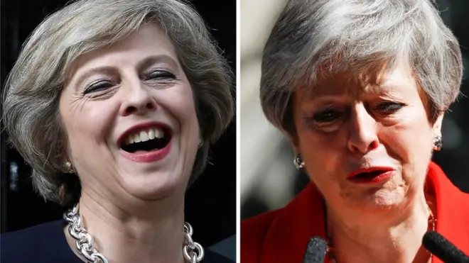 टेरीज़ा मे की पहली तस्वीर तीन साल पहले की है जब वे प्रधानमंत्री बनी थीं. दूसरी तस्वीर तीन साल बाद की है जब उन्होंने कुर्सी छोड़ने की घोषणा की.