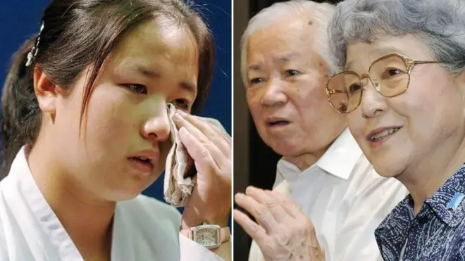 合成照片:横田滋(右二)与横田早纪江(右一);外孙女金恩晶(左)