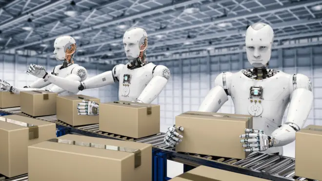 Artists impression of robots packing boxes