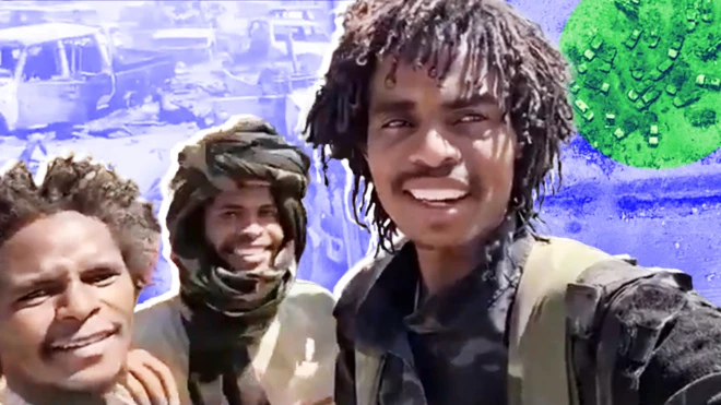 Three RSF fighters smile to the camera as they stand in front of destroyed cars at a site near el-Fasher. They are imposed over a satellite image of the scene with the BBC Verify logo. 