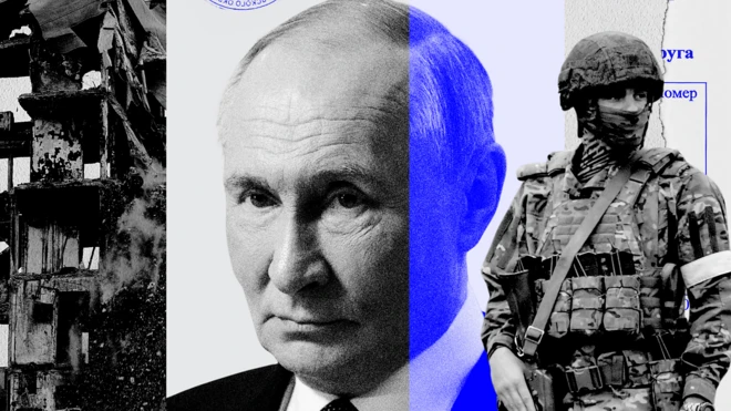 Un montaje en el que se en el centro una foto del presidente ruso Vladimir Putin, mientras que a su izquierda se ven los escombros de un edificio, y a su derecha se ve un soldado con camuflados. 