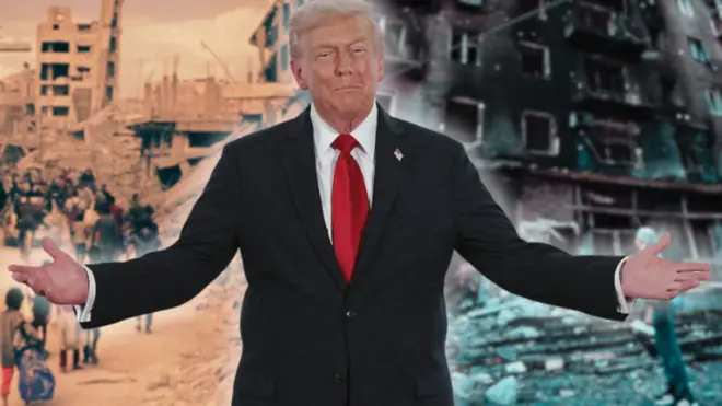 Колаж - Трамп розводить руки в сторони, на тлі праворуч від нього руїни в Україні, ліворуч - палестинці на тлі руїн в Газі