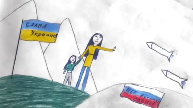 마샤가 그린 그림으로, 아이와 손잡은 우크라이나 여성이 가까이 다가오는 러시아 미사일을 향해 안된다고 손바닥을 펴 보이는 모습이다