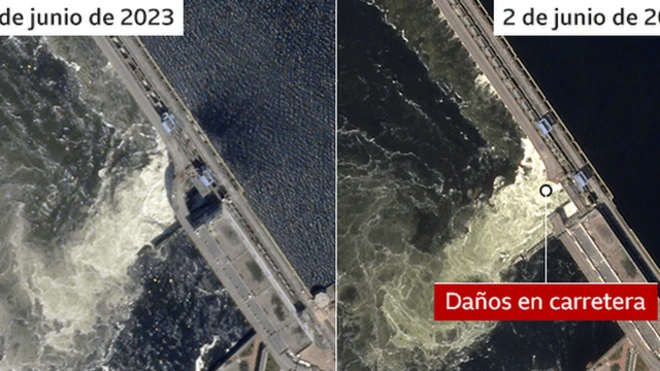 Daños en la represa de Nova Kajovka.