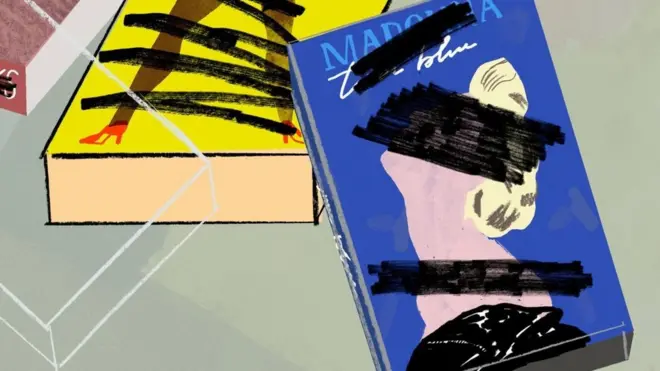 رسم تخيلي لبعض الكتب مع شطب بعض أجزاء فوق أغلفتها