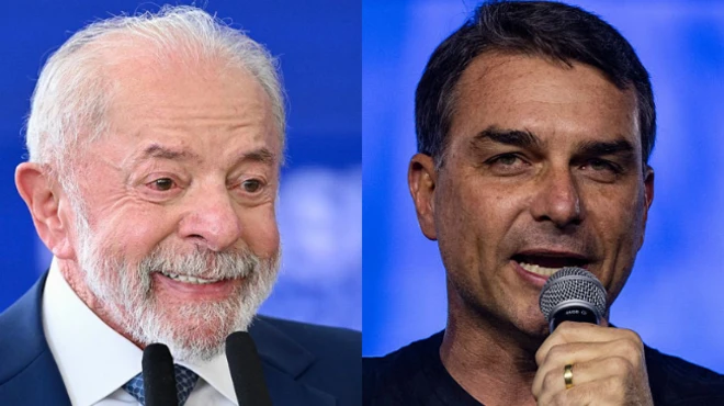 Montagem com fotos de Lula e Flávio Bolsonaro