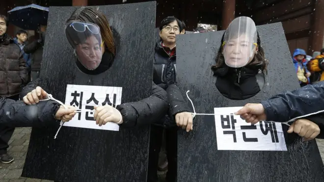 Pengunjuk rasa mengenakan topeng Choi Soon-sil (kiri) dan Presiden Park Geun-hye (kanan) yang dianggap berkolusi.