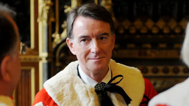 Peter Mandelson smiles while speaking to others during his induction into the House of Lords in 2008 - he wears traditional lords robes.