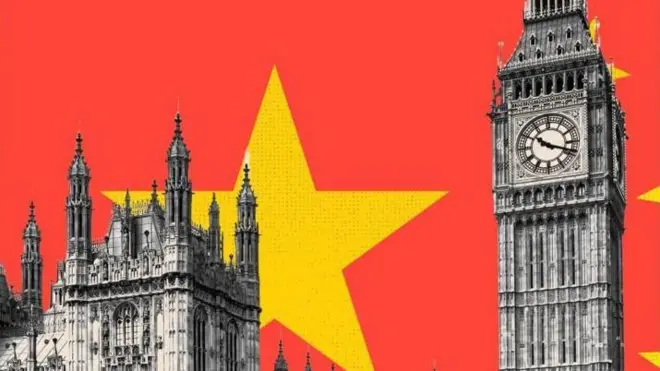 የዩኬ ፓርላማ ሕንጻና እና ከጀርባው የሚታይ የቻይና ሰንደቅ አላማ