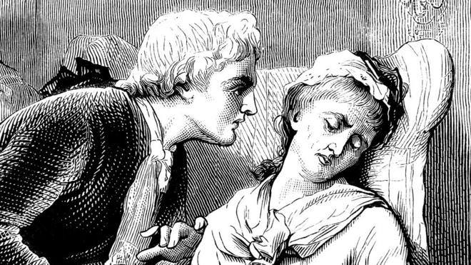Ilustração de uma mulher desmaiada em uma poltrona, sendo observada de perto por um homem