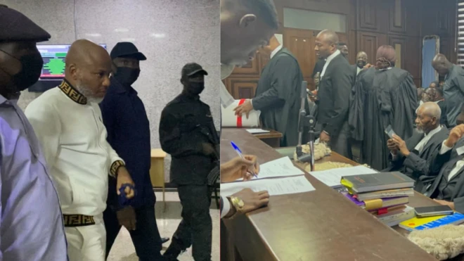 Onye ndu otu ipob Nnamdi Kanu na ndị nchekwa kpọ ya abata ụlọikpe