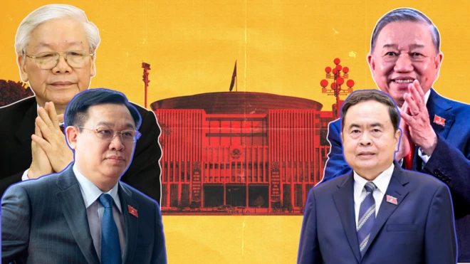 Ảnh thiết kế: (từ trái qua) cố Tổng Bí thư Nguyễn Phú Trọng, cựu Chủ tịch Quốc hội Vương Đình Huệ, Chủ tịch Quốc hội Trần Thanh Mẫn, Tổng Bí thư Tô Lâm, phía sau là nền tòa nhà Quốc hội 