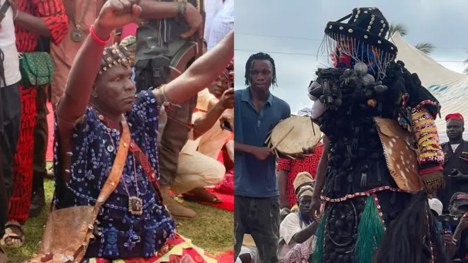 Ẹni to ko ipa Ṣango lo jokoo silẹ yii, nigba ti egungun duro pẹlu aṣọ ogun ibilẹ