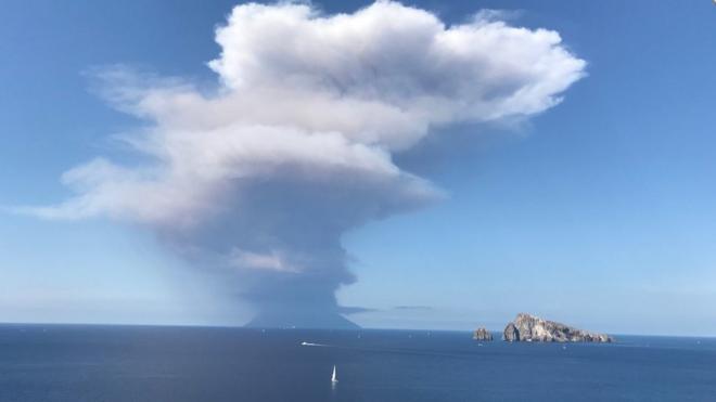 A plume of smoke rises over Stromboli