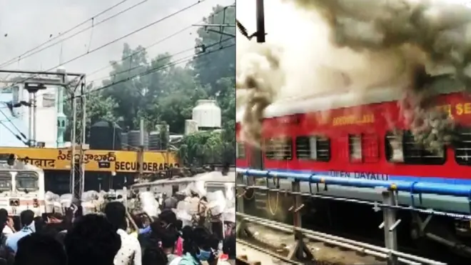 సికింద్రాబాద్ రైల్వే స్టేషన్‌లో పోలీసులపైకి రాళ్లు విసురుతున్న ఆందోళనకారులు