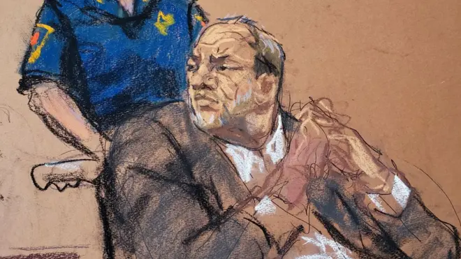 Harvey Weinstein escuchó su condena en silla de ruedas.