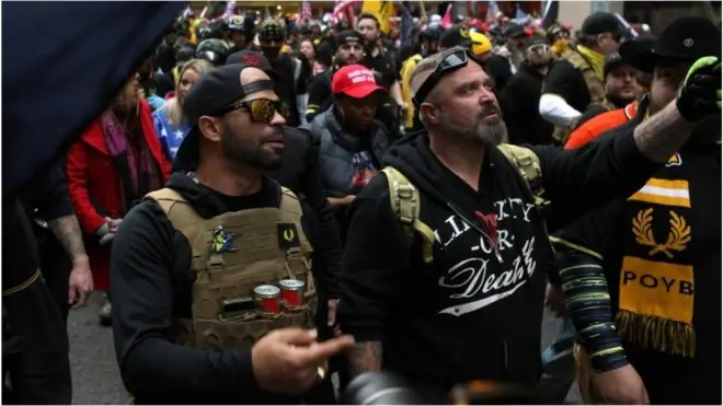 Proud Boys march in protest in December in Washington DC