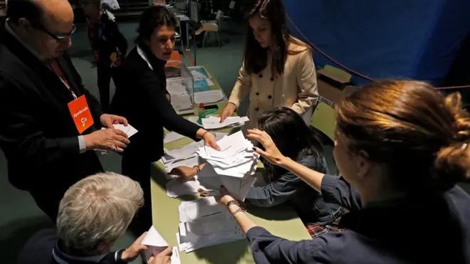 Members of an electoral commission count voting ballots during Spain's general election at a polling station in Madrid, Spain, April 28