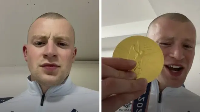 現代慶祝方式：游泳選手亞當·皮蒂（Adam Peaty）在TikTok上炫耀金牌。