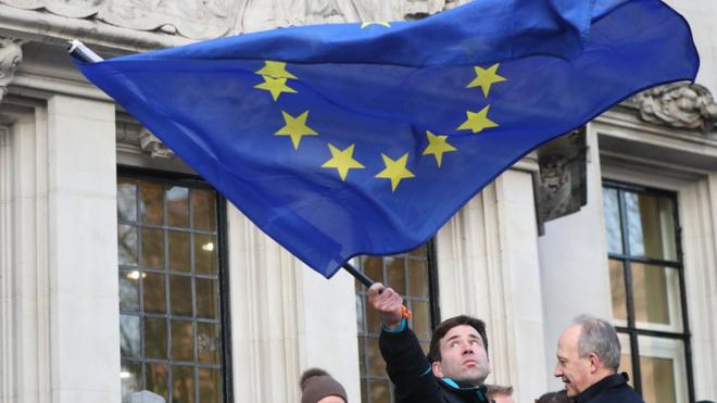 Человек с флагом ЕС перед зданием Высокого суда в Лондоне