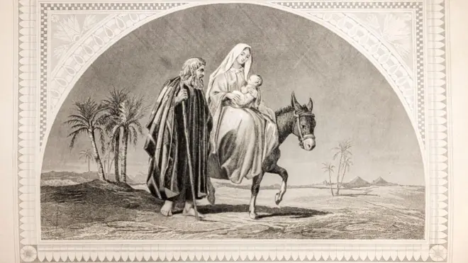رسم من نسخة قديمة من الكتاب المقدس تعود للقرن الثامن عشر تصور رحلة العائلة المقدسة إلى مصر
