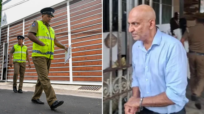 Police officers on left and Kapila Chandrasena on right.