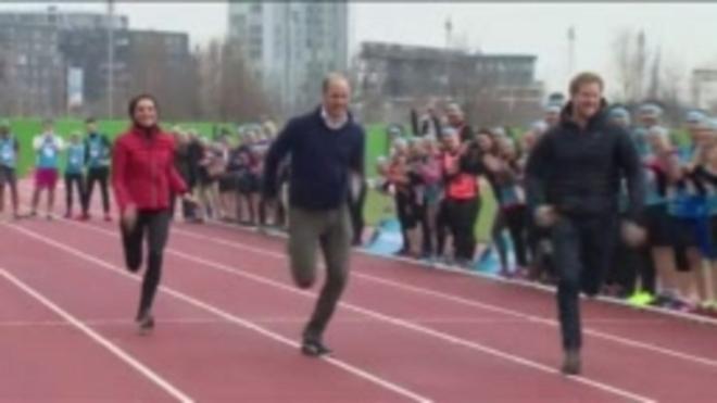 The royal trio were racing during a marathon training day at the Queen Elizabeth Olympic Park.