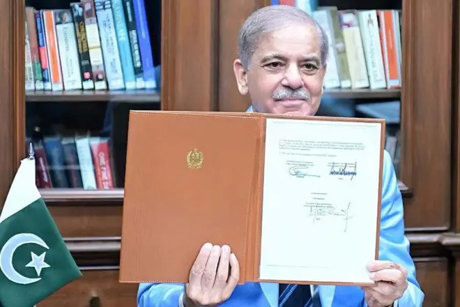Pakistani Prime Minister Shehbaz Sharif poses for a photo after he signed the Islamabad Accord document in Islamabad, Pakistan on June 18, 2026. The signing ceremony took place at the newly designated Islamabad Accord Monument, a site that already bears the signatures of U.S. President Donald Trump and Iranian President Masoud Pezeshkian. (Photo by Government of Islamabad / Handout/Anadolu via Getty Images)
