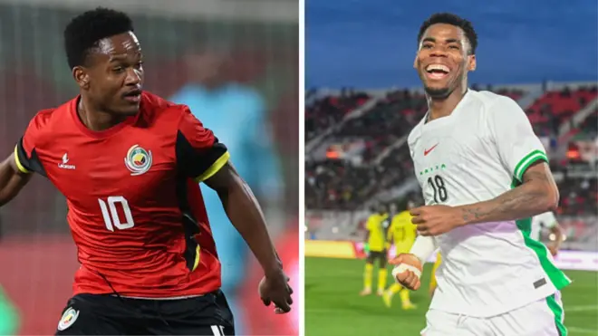 Geny Catamo wear Mozambique nation jersey wey be red shirt and black shorts wey get black design and dem write number 10 wit white. Raphael Onyedika wear Nigeria all-white national jersey wey get green design, dem write number 18 wit black. Both players dey in action wit stadium crowd for di background.