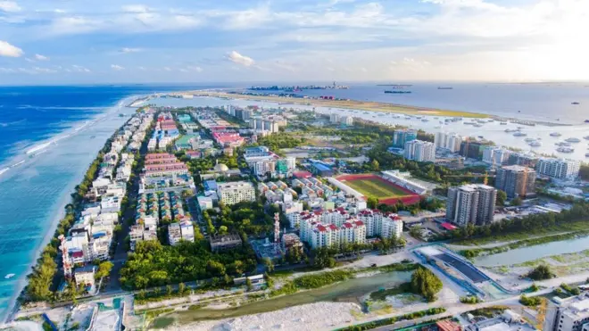An aerial view of the newly-constructed buildings on the artificial island of Hulhumalé