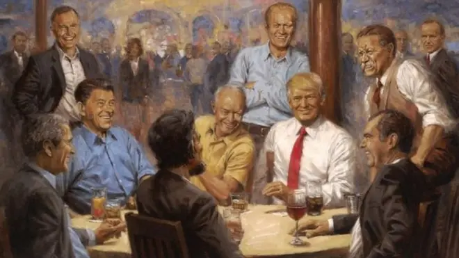 Bức tranh vẽ ông Trump ngồi cùng các cựu Tổng thống Mỹ được phát hiện treo trên tường Nhà Trắng