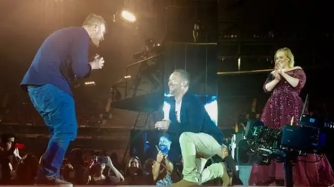 和男友克里斯慶賀生日看阿黛爾演唱會的韋德借被阿黛爾邀請登台的機會，向男友求婚。