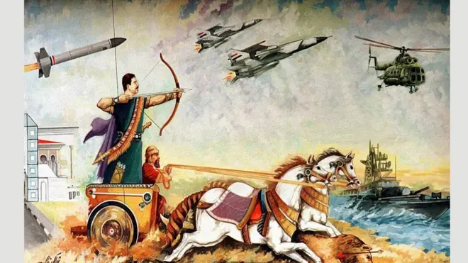 أمر صدام حسين برسم هذه الجدارية لنفسه على عربة حربية ليرسخ الصله بين حكمه وبين حكم ملوك بابل القدماء