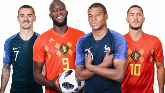 Dans ce montage photo, une comparaison a été faite entre les joueurs belges Romelu Lukaku (2eG) avec Eden Hazard (D) et les joueurs français Antoine Griezmann (G) avec Kylian Mbappe (2eD). La Belgique et la France se rencontrent mardi en du Mondial de la FIFA 2018