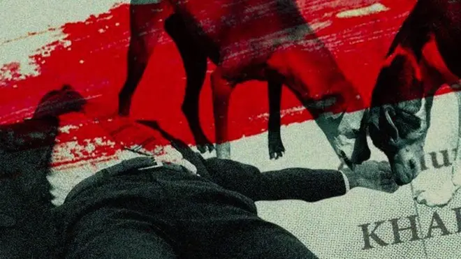 A graphical representation of a body on the ground with dogs with their heads bowed over it