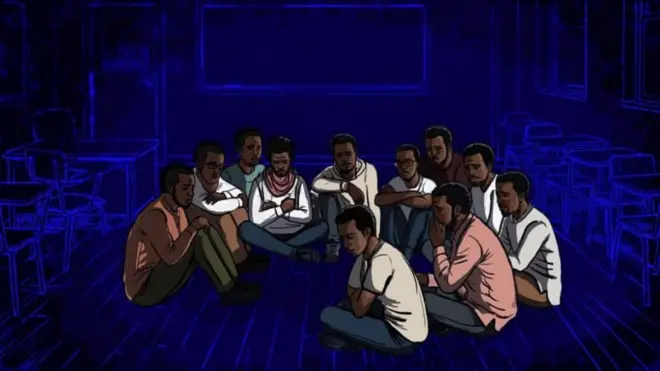 በጨለማ ክፍል የታሰሩ ወጣቶችን የሚያሳይ ሥዕል