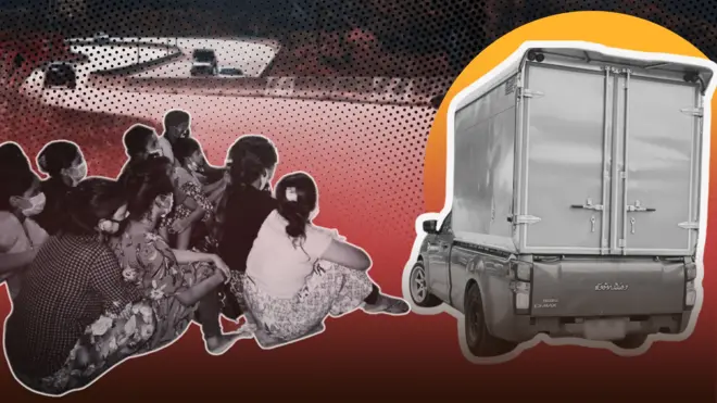 ထိုင်းမှာအသုံးများတဲ့အလုံပိတ် ပစ်ကပ်ကား၊ ဖမ်းဆီးခံရတဲ့ ထိုင်းရောက် တရားမဝင် ရွှေ့ပြောင်းလုပ်သားအမျိုးသမီးတစ်စု ကျောပေး ထိုင်နေကြပုံနဲ့ ထိုင်းက အဝေးပြေးလမ်းမကြီး ပုံ သရုပ်ဖော် ဓာတ်ပုံ