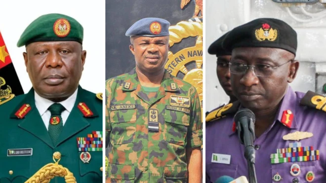 General Olufemi Oluyede, Air Vice Marshall SK Aneke, and Rear Admiral I Abbas