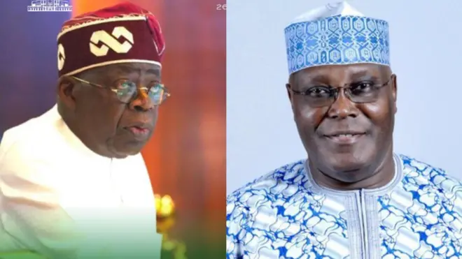 Aarẹ Bola Tinubu wọ aṣọ funfun pẹlu fila pupa, nigba ti Atiku Abubakar wọ buba alawọ buluu ati fila