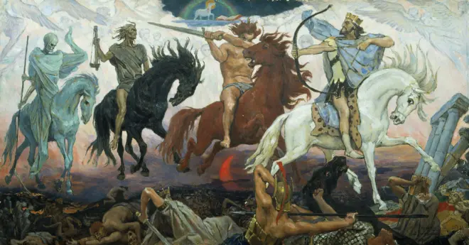 Quatro cavaleiros do apocalipse representados em uma pintura: da esquerda para a direita, a morte montada em um cavalo esverdeado com uma lança, a fome em um cavalo preto segurando uma balança, a guerra em um cavalo vermelho empunhando uma espada, e a conquista em um cavalo branco com coroa e arco.