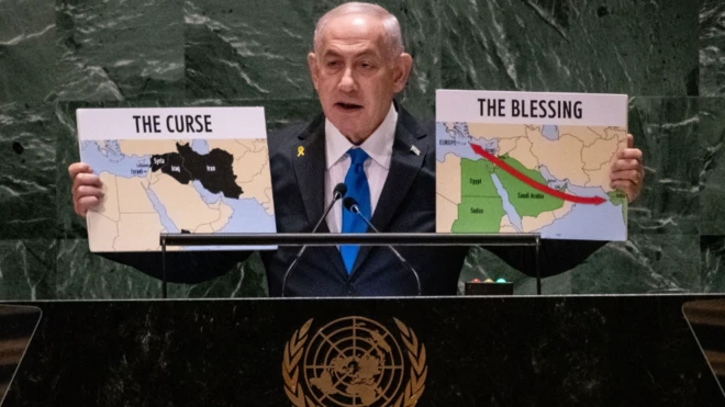 በመንግሥታቱ ድርጅት ውይይት ኔታንያሁ ንግግር ሲያደርጉ ሁለት ካርታ አሳይተዋል።